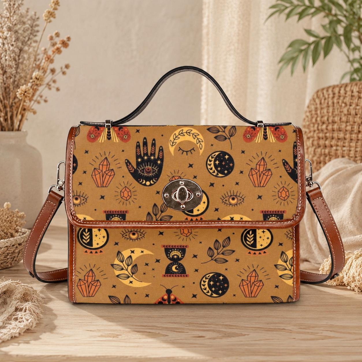 Mystic symbols purse, boho witchy bag with palm hand print, celestial crossbody bag
