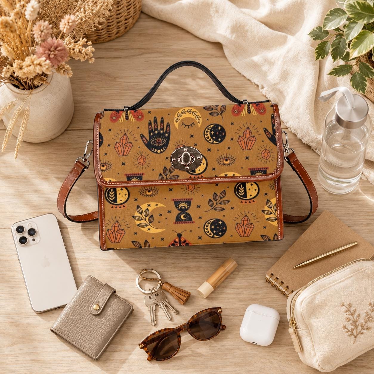 Mystic symbols purse, boho witchy bag with palm hand print, celestial crossbody bag