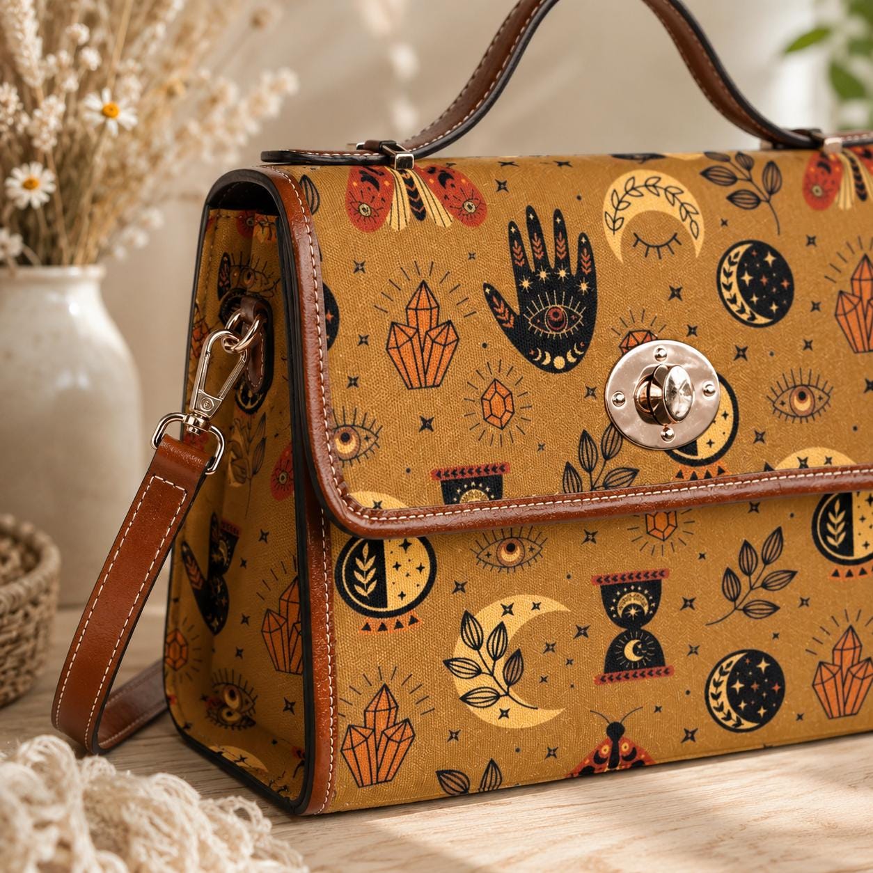 Mystic symbols purse, boho witchy bag with palm hand print, celestial crossbody bag