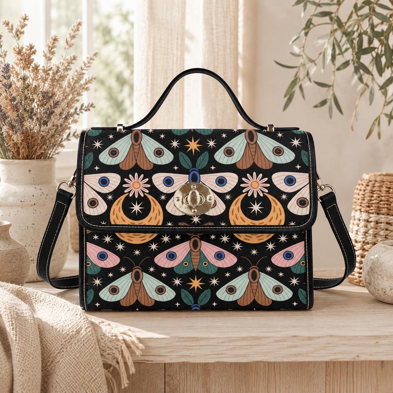 Celestial Moth Top Handle Purse, Moon Star Handbag, Witchy Art Nouveau Statement Bag