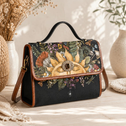 Celestial Satchel Purse, Cottagecore Sun Handbag, Botanical Witchy Top Handle Bag