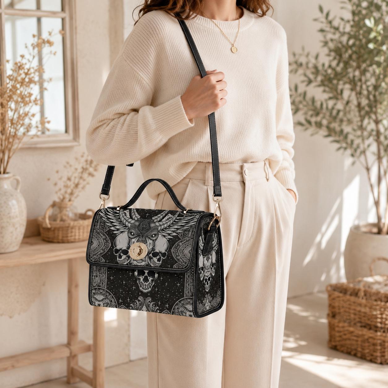 Skull Satchel Purse, Horned Dark Art Handbag, Monochrome Statement Bag