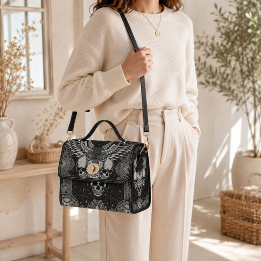 Skull Satchel Purse, Horned Dark Art Handbag, Monochrome Statement Bag