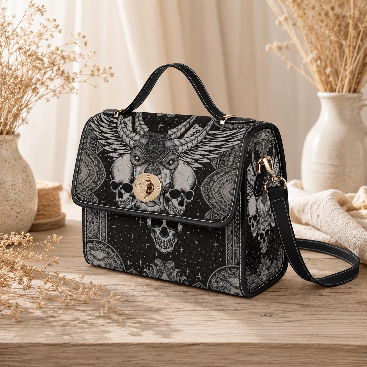 Skull Satchel Purse, Horned Dark Art Handbag, Monochrome Statement Bag