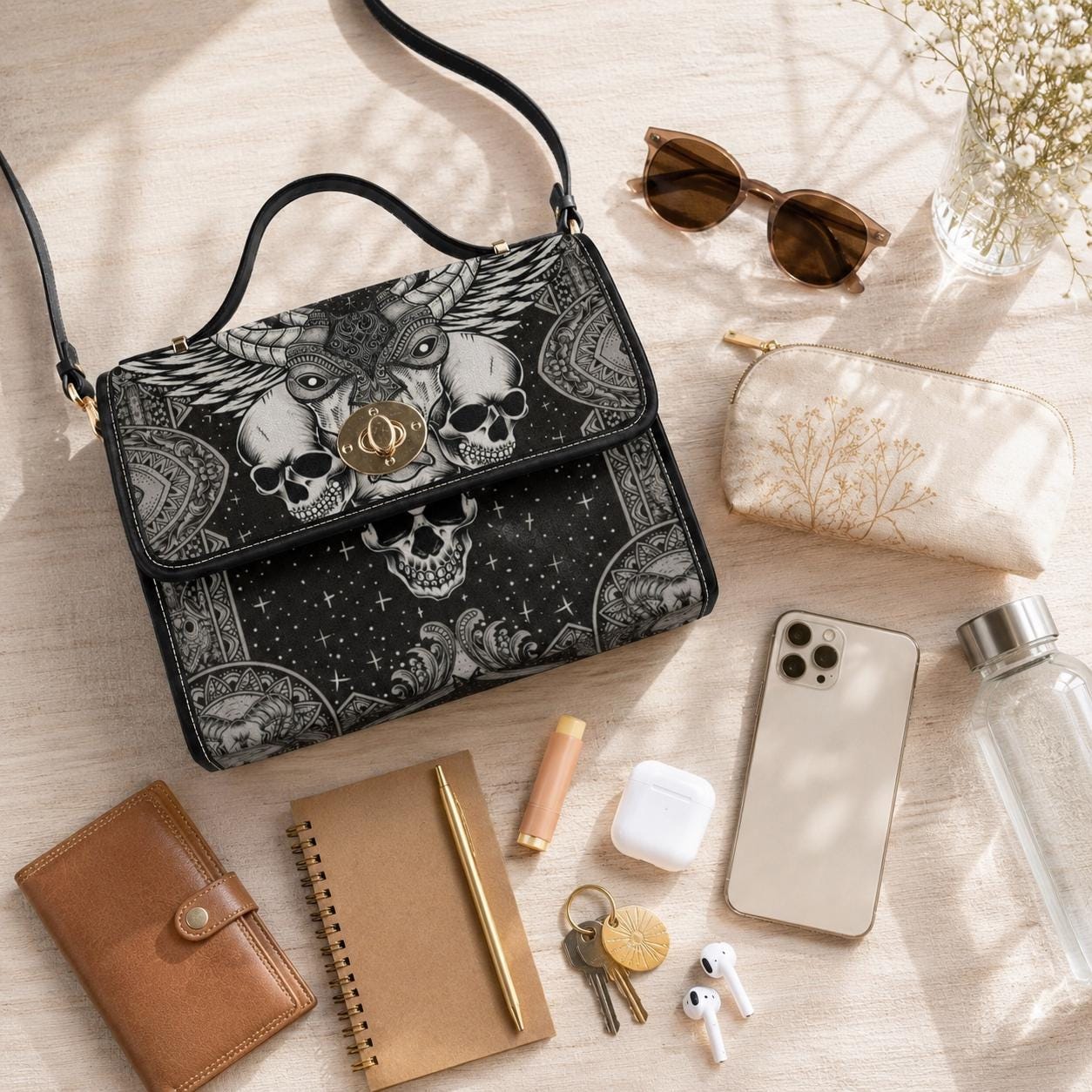 Skull Satchel Purse, Horned Dark Art Handbag, Monochrome Statement Bag