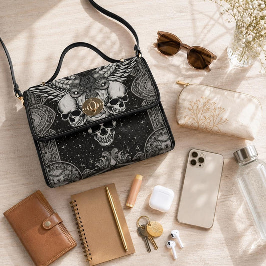 Skull Satchel Purse, Horned Dark Art Handbag, Monochrome Statement Bag