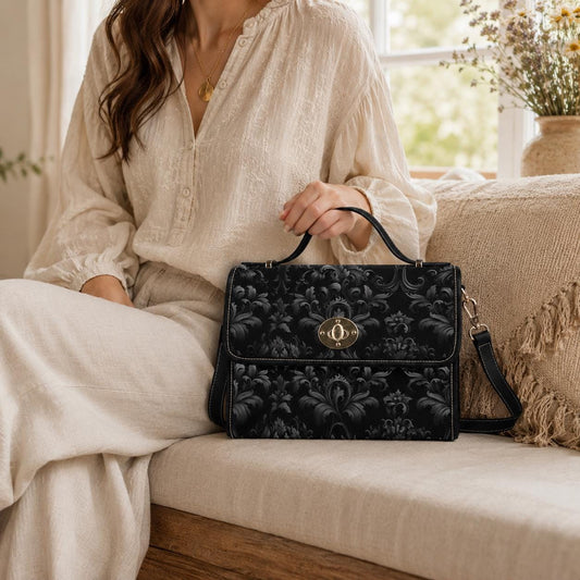 Gothic Damask Canvas Satchel, Victorian Vamp Crossbody Bag