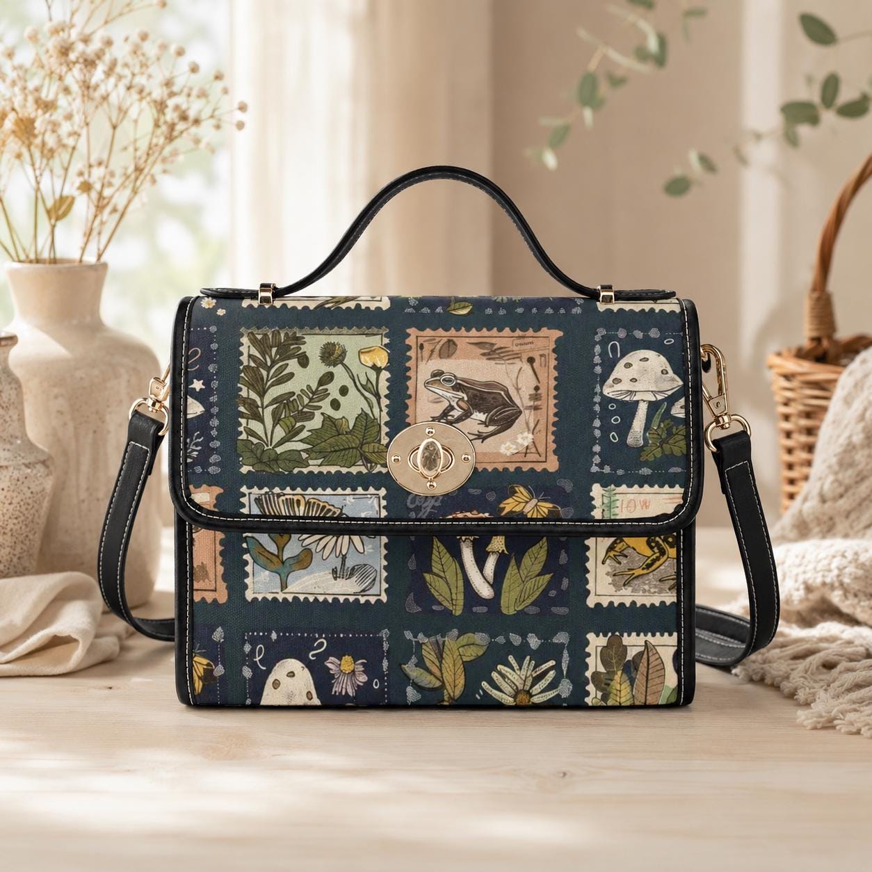 Crossbody Bag, Frog Botanical Purse, Dark Academia Stamp Print Satchel