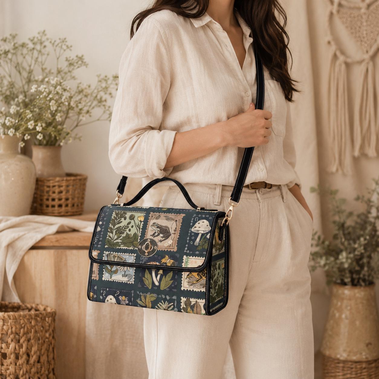 Crossbody Bag, Frog Botanical Purse, Dark Academia Stamp Print Satchel