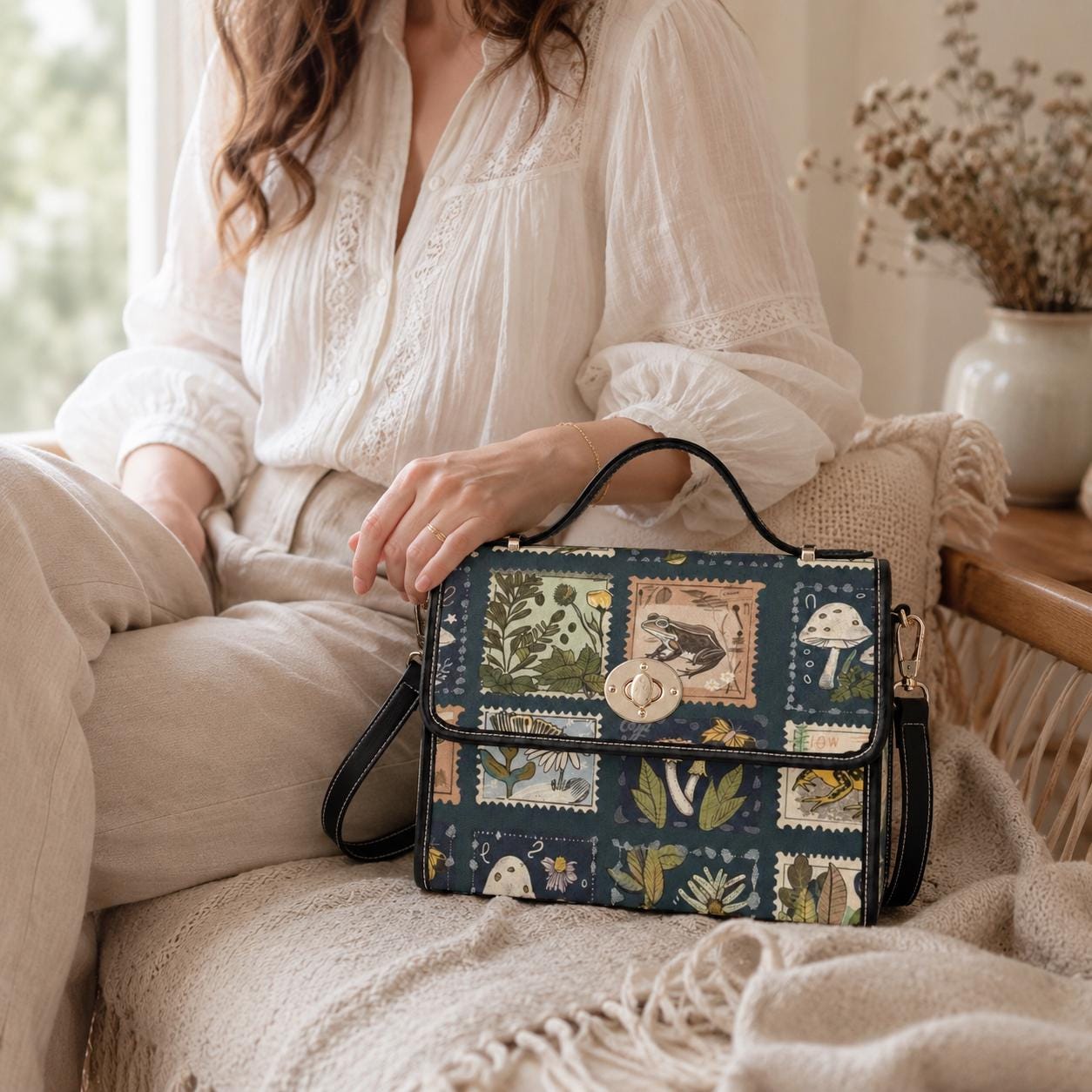 Crossbody Bag, Frog Botanical Purse, Dark Academia Stamp Print Satchel
