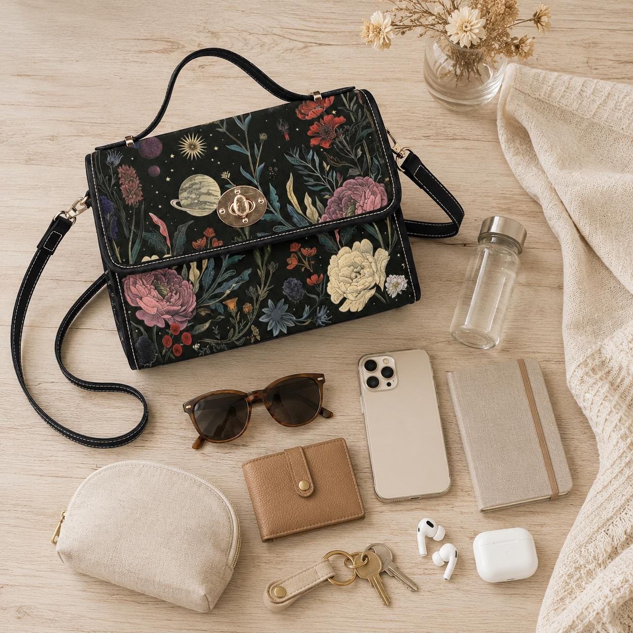 Celestial botanical floral handbag, witchcore purse, astrology bag