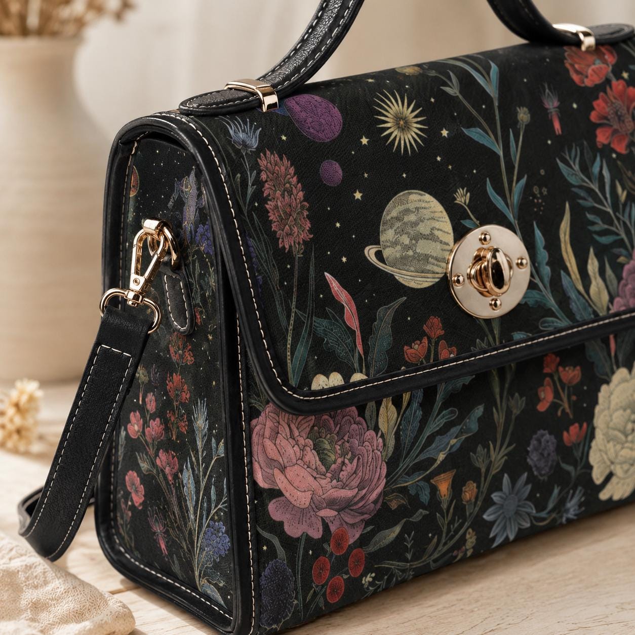 Celestial botanical floral handbag, witchcore purse, astrology bag