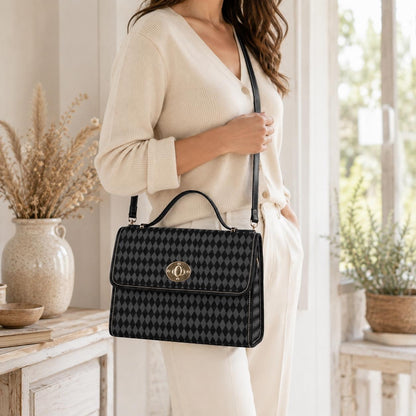 Black harlequin top handle bag, diamond print satchel purse, gothic vintage style handbag