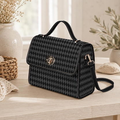 Black harlequin top handle bag, diamond print satchel purse, gothic vintage style handbag