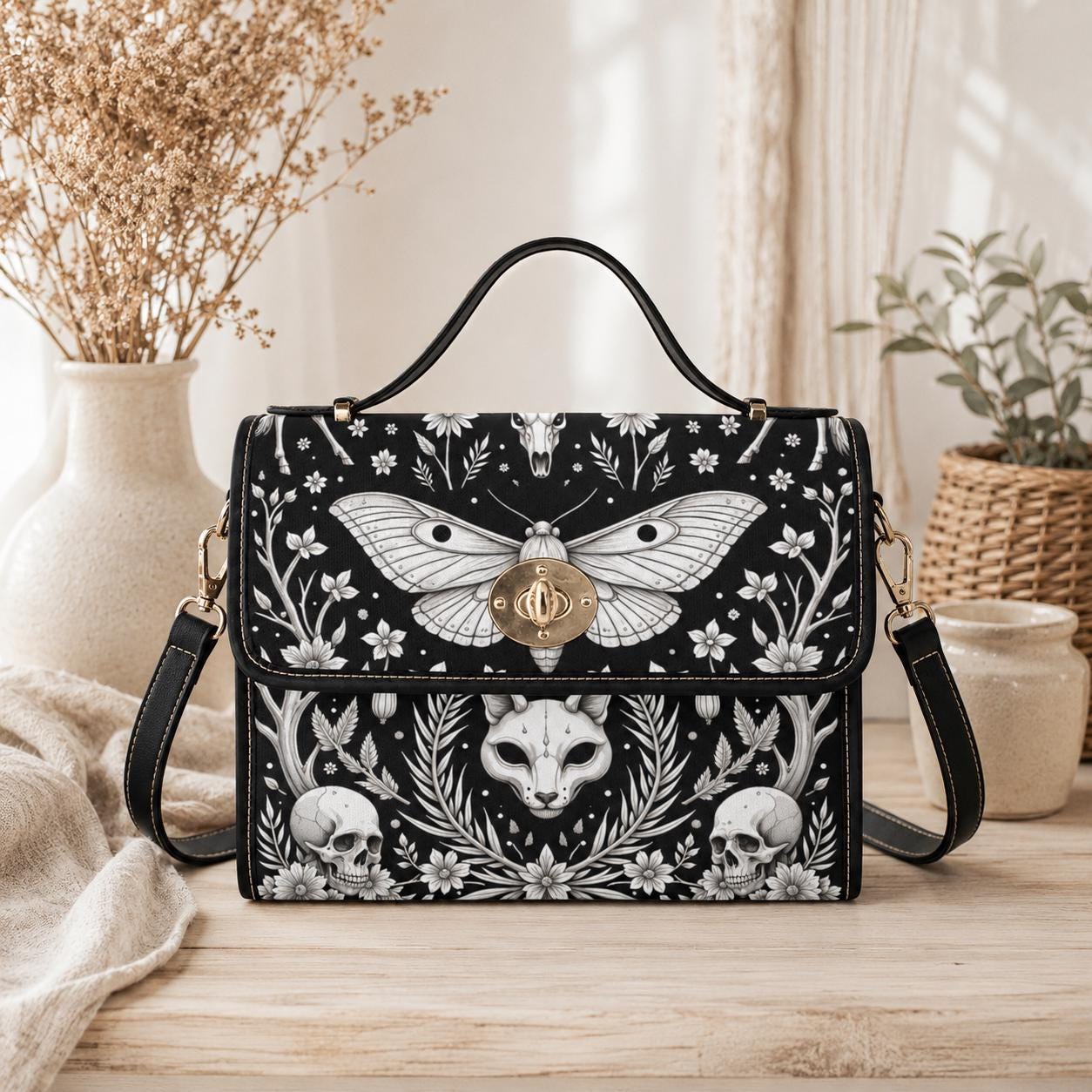 Gothic Moth Familiar Crossbody Purse - Occult Witchcore Skull Print Handbag Dark Forest Magic Spirit Animal Bag Spooky Gift