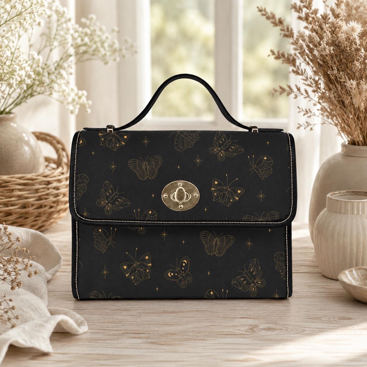 Golden Butterfly Crossbody Bag, Gothic Celestial Purse, Witchy Cottagecore Gift, Waterproof Canvas