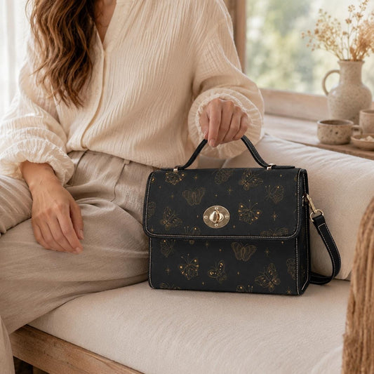 Golden Butterfly Crossbody Bag, Gothic Celestial Purse, Witchy Cottagecore Gift, Waterproof Canvas