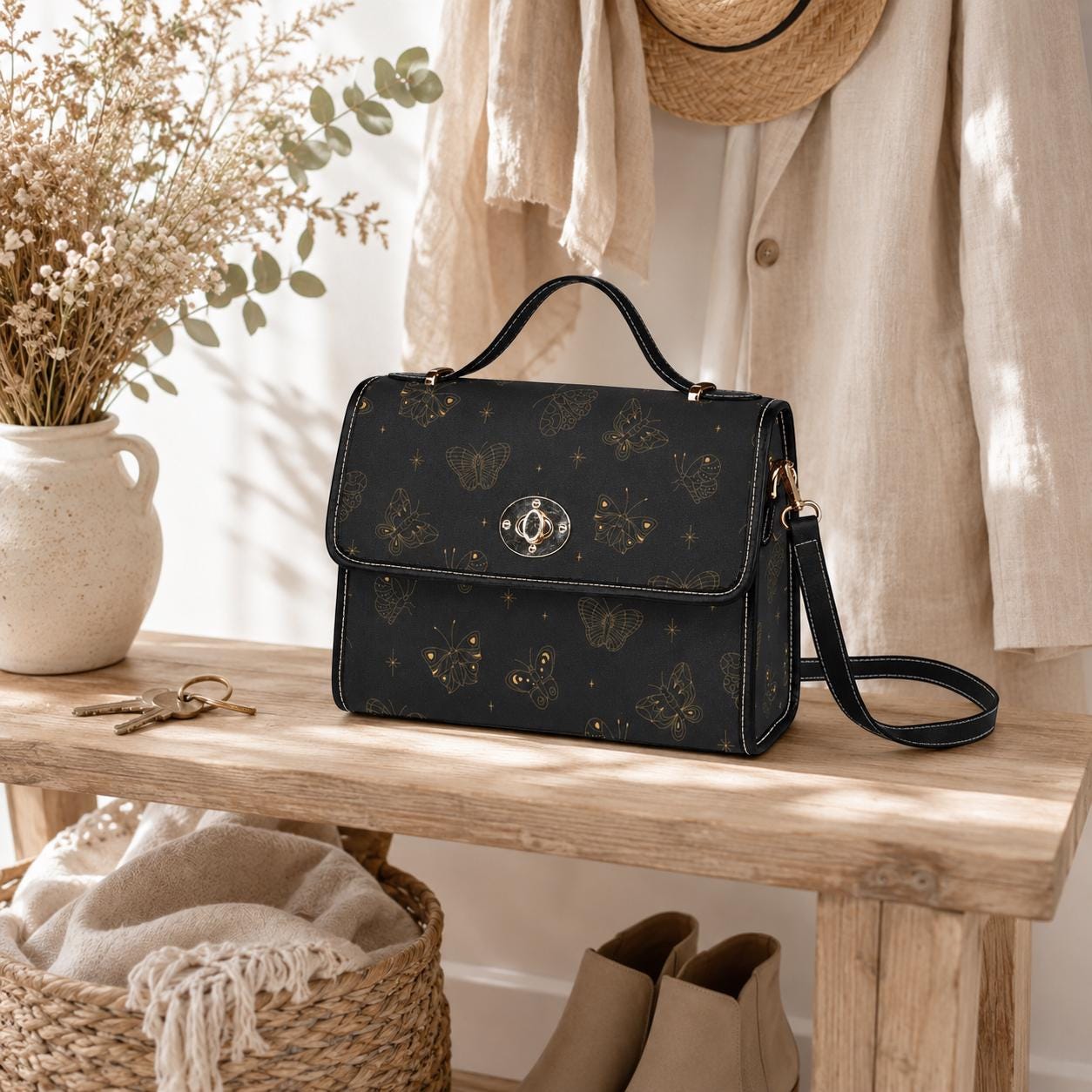 Golden Butterfly Crossbody Bag, Gothic Celestial Purse, Witchy Cottagecore Gift, Waterproof Canvas