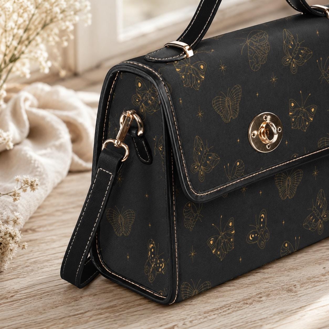 Golden Butterfly Crossbody Bag, Gothic Celestial Purse, Witchy Cottagecore Gift, Waterproof Canvas