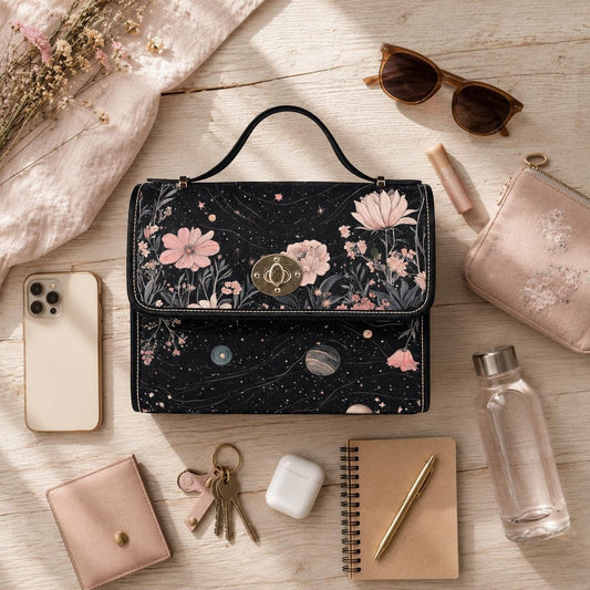 Floral Cosmos Satchel, Celestial Botanical Purse, Astrology Galaxy Bag