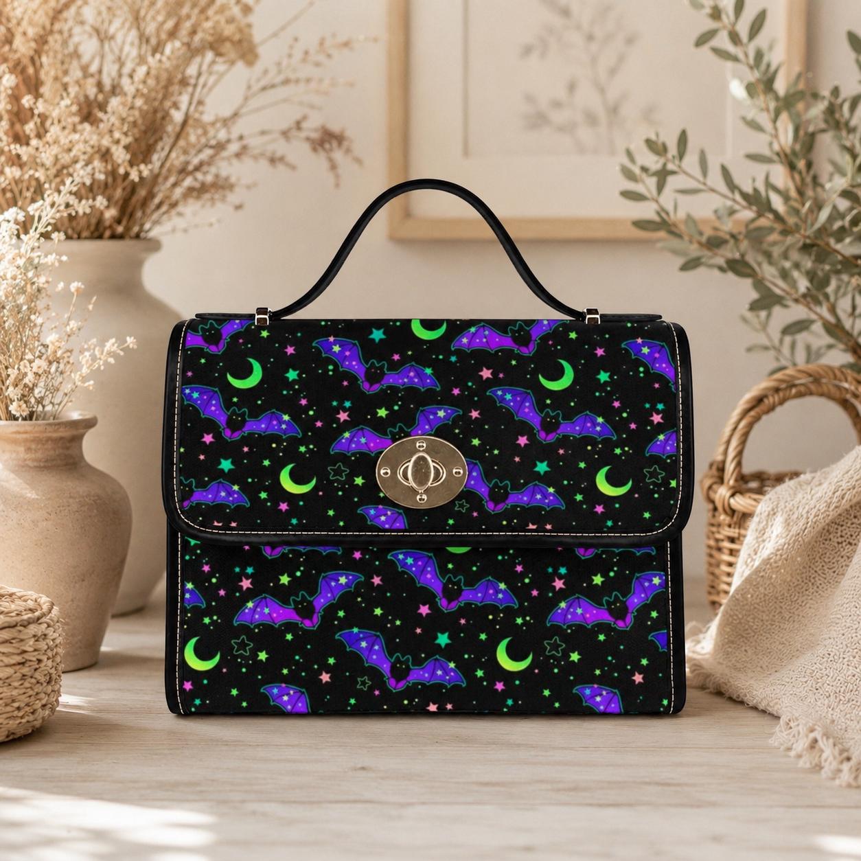 Bat Moon Satchel Purse, Spooky Cute Top Handle Bag, Halloween Night Handbag