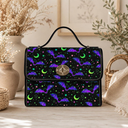 Bat Moon Satchel Purse, Spooky Cute Top Handle Bag, Halloween Night Handbag