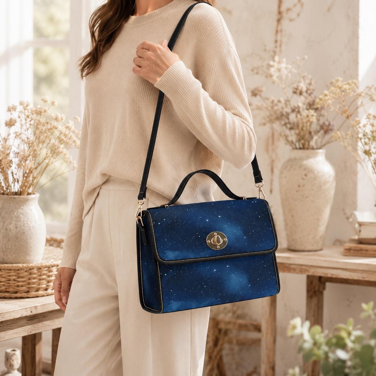 Starry Sky Satchel, Celestial Galaxy Print Purse, Dark Blue Space Handbag with Stars