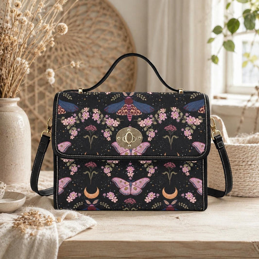 Moon Moth Top Handle Bag, Celestial Floral Satchel, Dark Romantic Handbag for Evening and Cottage Style