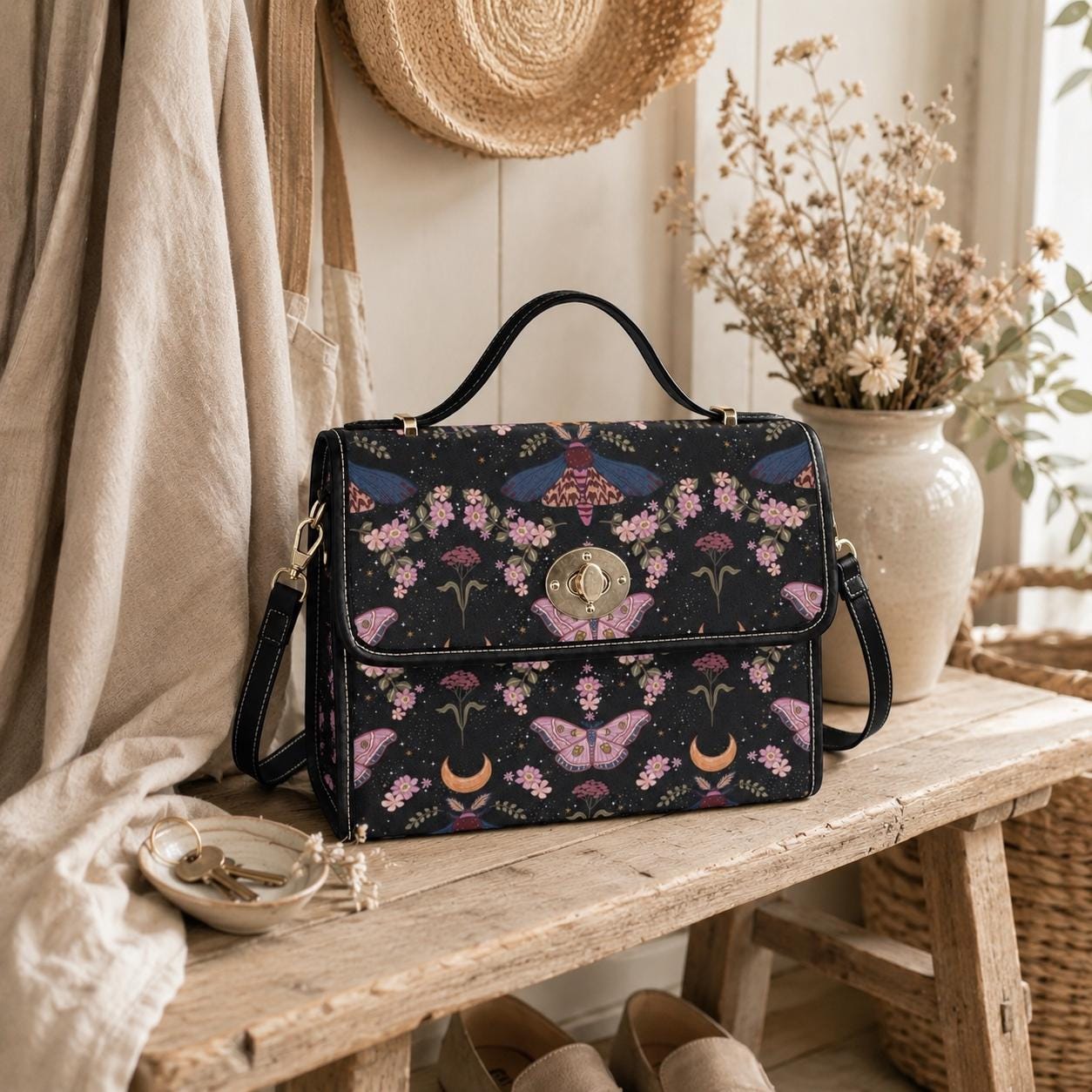 Moon Moth Top Handle Bag, Celestial Floral Satchel, Dark Romantic Handbag