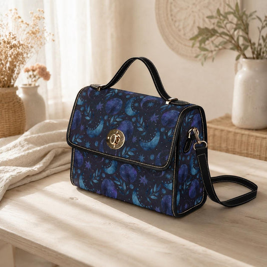 Blue Celestial Top Handle Bag, Moon Stars Purse, Night Sky Handbag