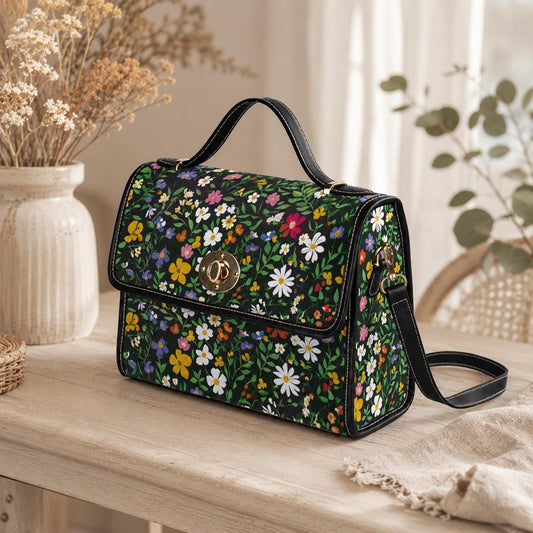 Black Floral Canvas Crossbody Bag, Wildflower Meadow Print Handbag