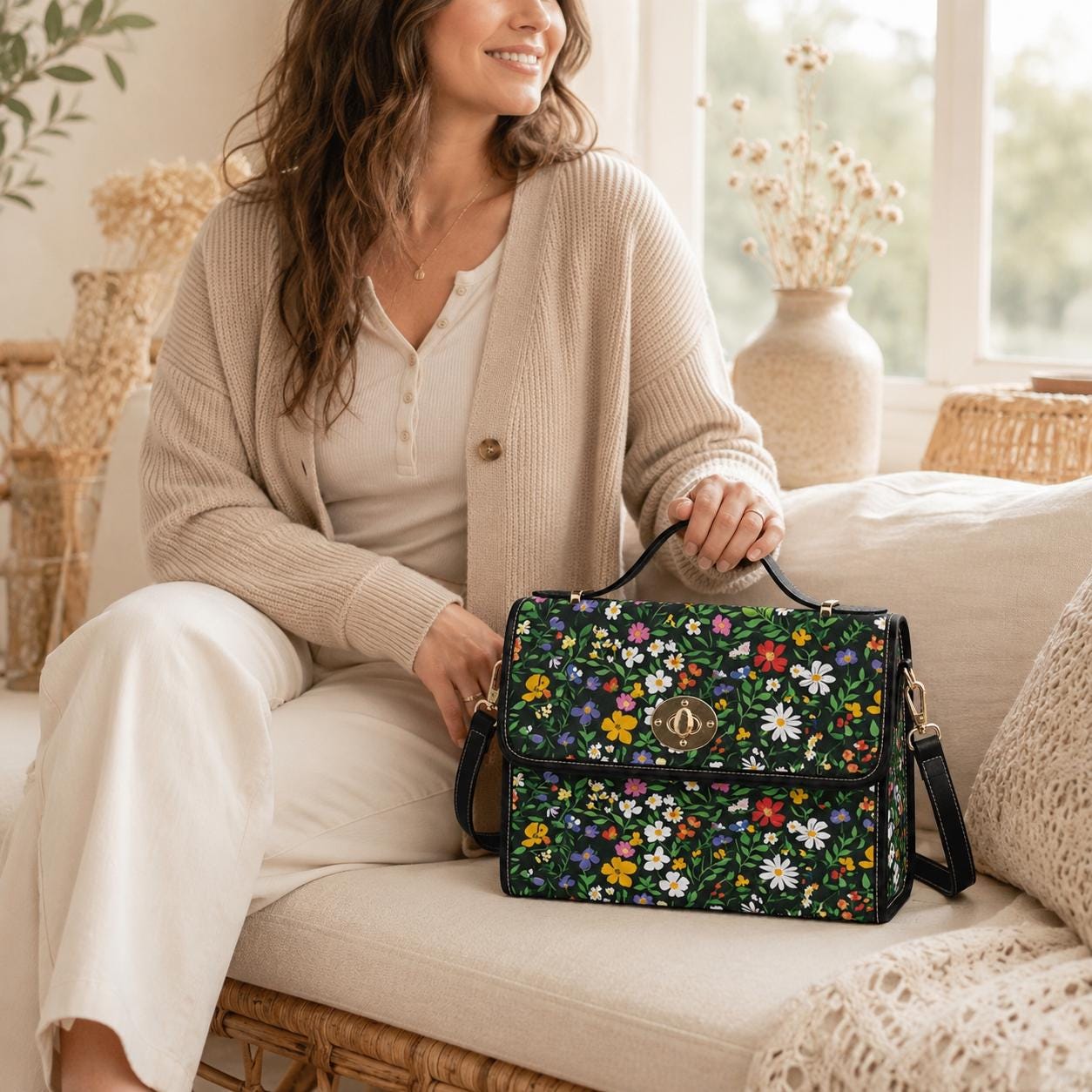 Black Floral Canvas Crossbody Bag, Wildflower Meadow Print Handbag