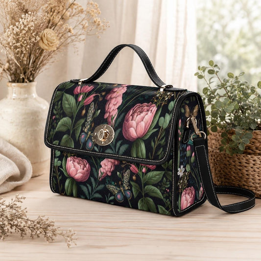 Dark Floral Top Handle Bag, Butterfly Botanical Purse, Romantic Goth Evening Handbag