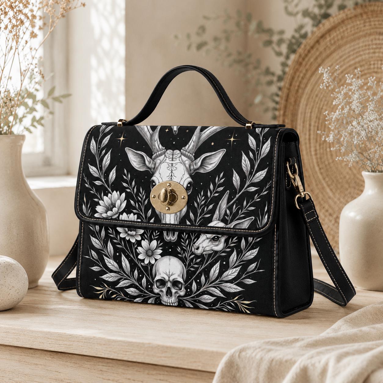 Celestial Skull Satchel Bag, Gothic Deer Floral Top Handle Purse