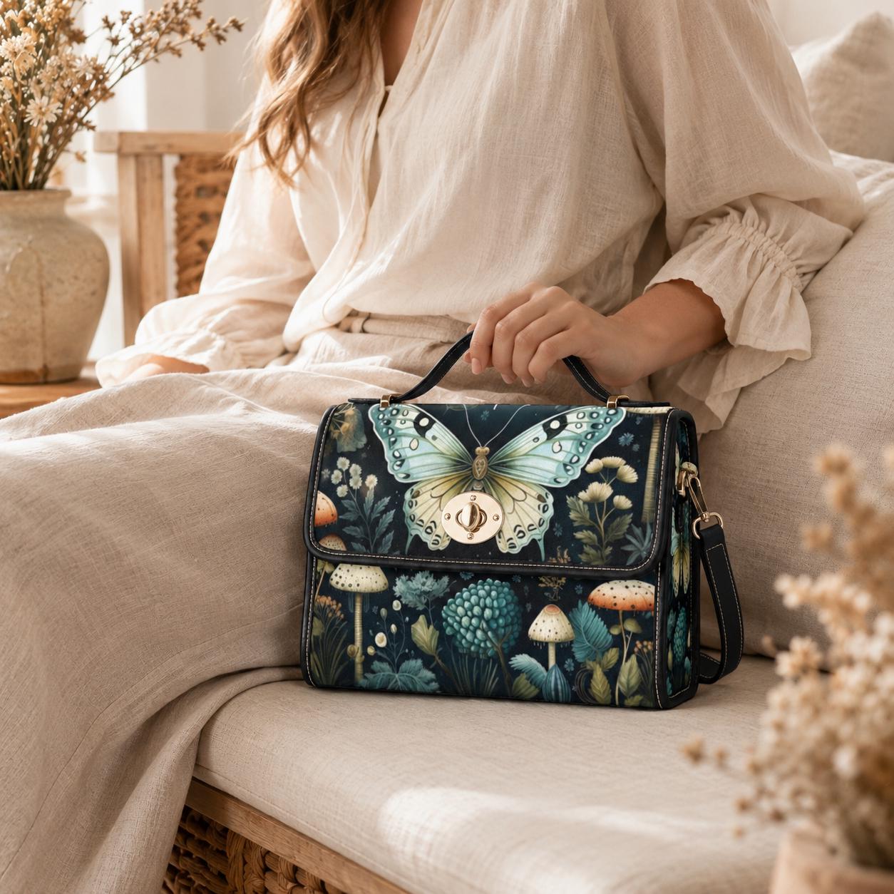 Mushroom Butterfly Shoulder Bag, Forestcore Satchel with Luna Moth Art, Fairycore Cottage Handbag, Whimsical Nature Print Purse Gift Idea