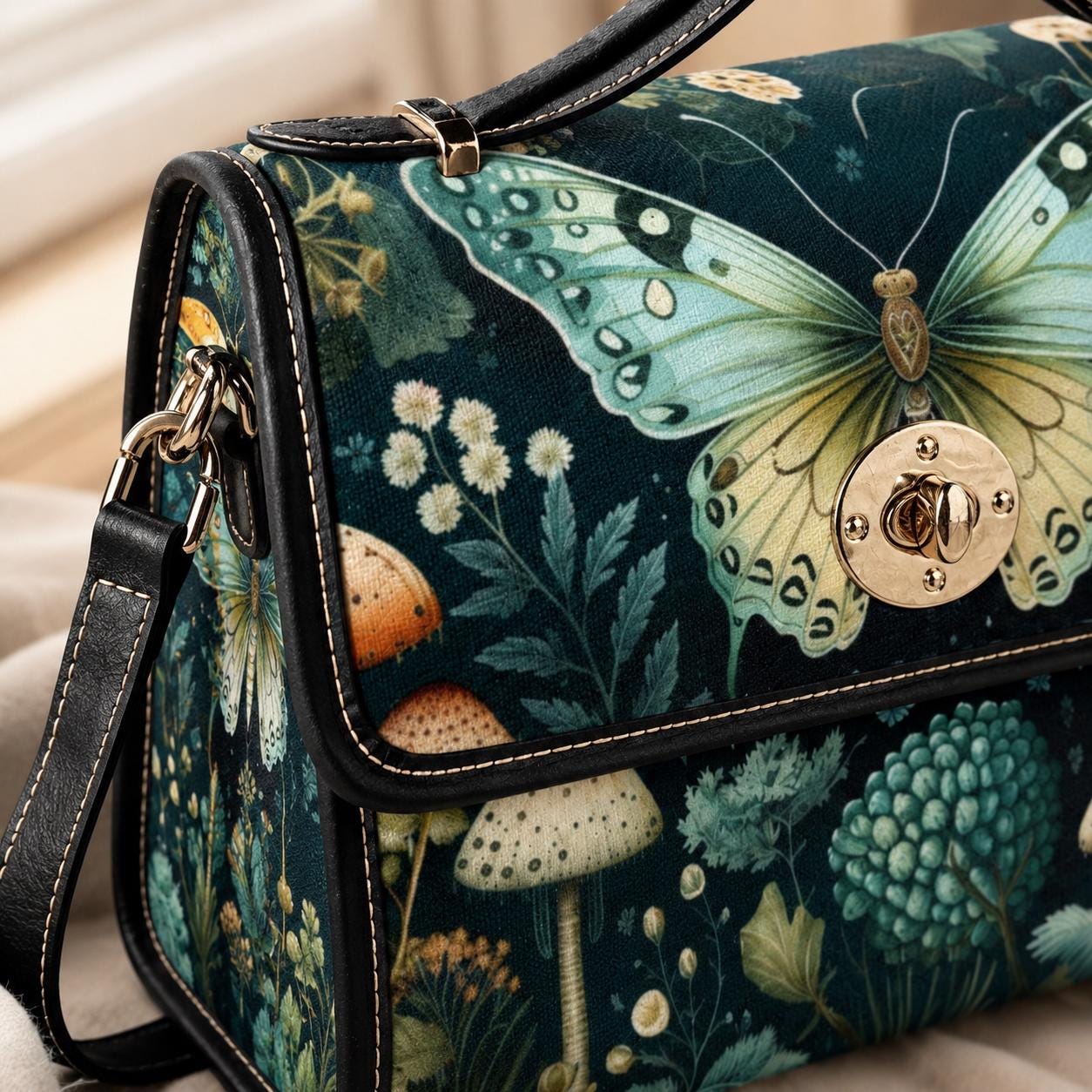 Mushroom Butterfly Shoulder Bag, Forestcore Satchel with Luna Moth Art, Fairycore Cottage Handbag, Whimsical Nature Print Purse Gift Idea