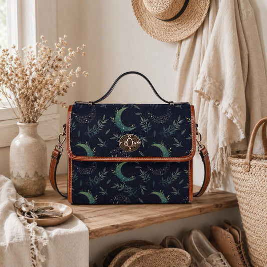 Celestial Satchel Bag, Crescent Moon Botanical Print Crossbody Handbag