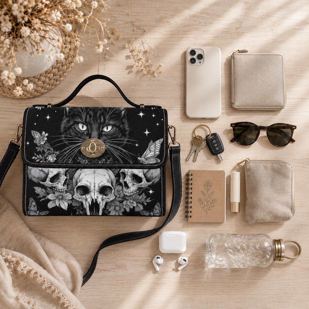 Occult Cat Skull Bag, Dark Witchy Crossbody Purse, Gothic Kitty Shoulder Tote,Cat Skull Accessories,Dark Feline Gift,Alternative Fashion Bag