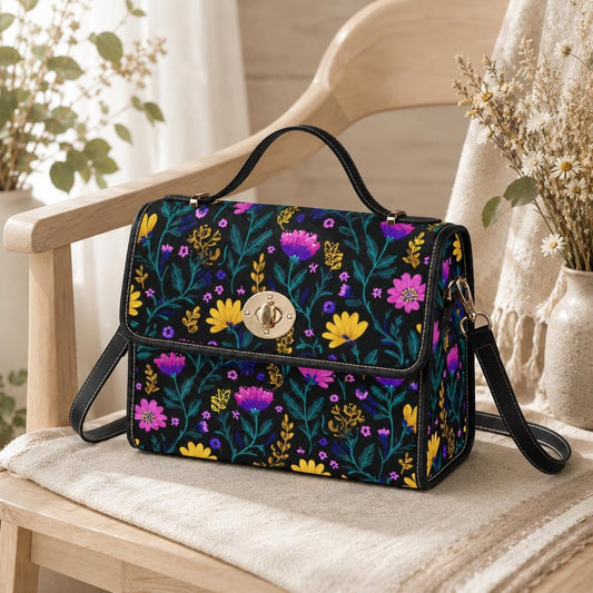Dark Floral Crossbody Bag, Boho Wildflower Vegan Leather Strap Tote