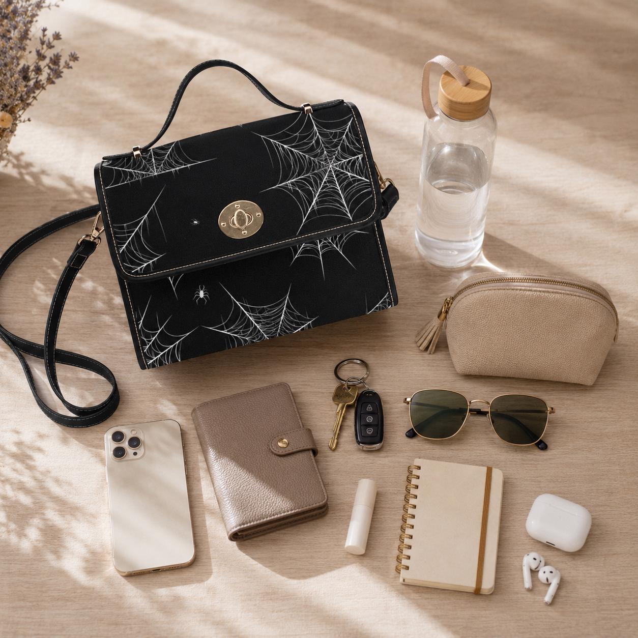Spiderweb Crossbody Bag, Gothic Halloween Purse, Witchy Web Satchel, Waterproof Canvas Bag