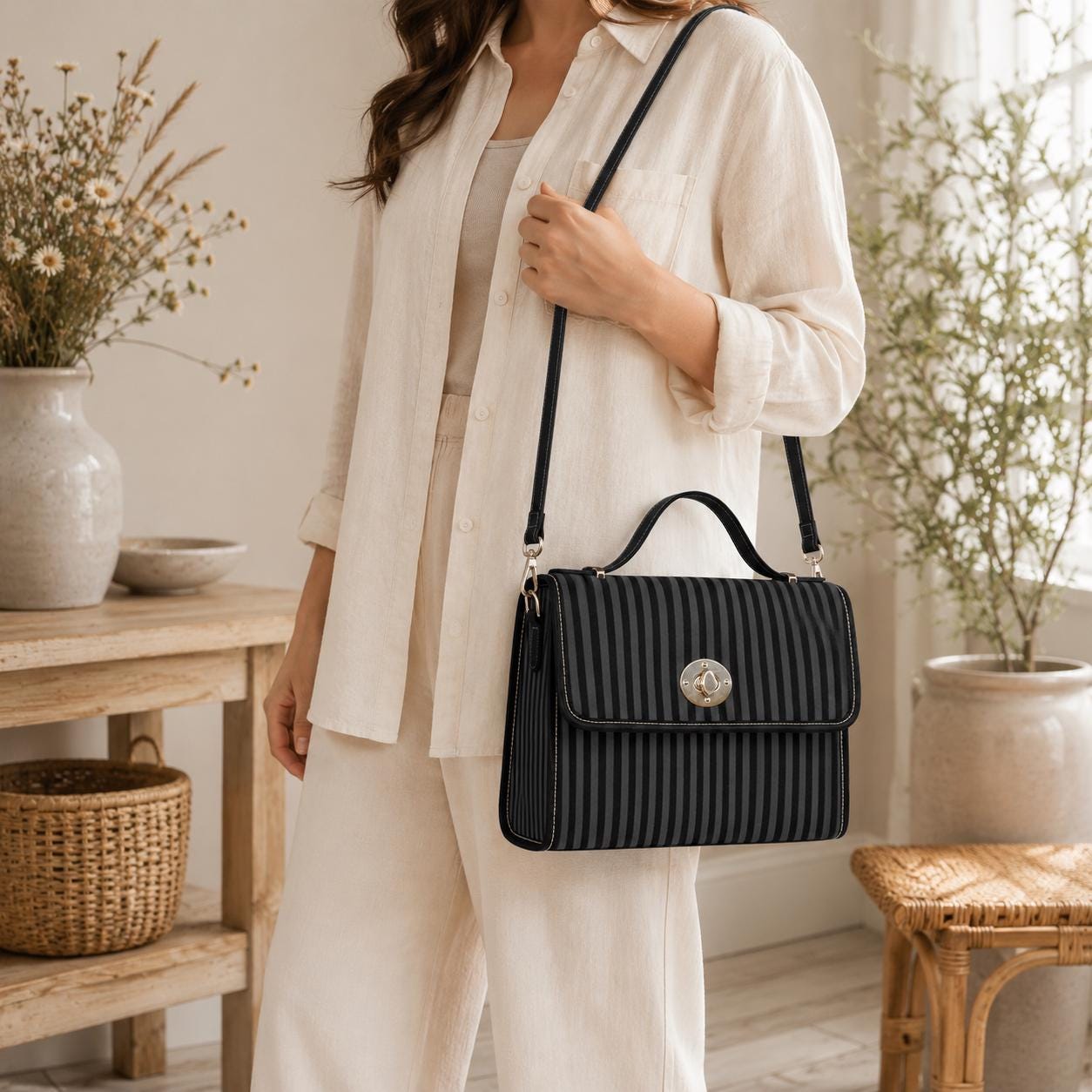 Black Stripe Satchel Bag, Minimalist Top Handle Purse, Tailored Monochrome Handbag, Sleek Office Statement Bag, Structured Everyday Purse