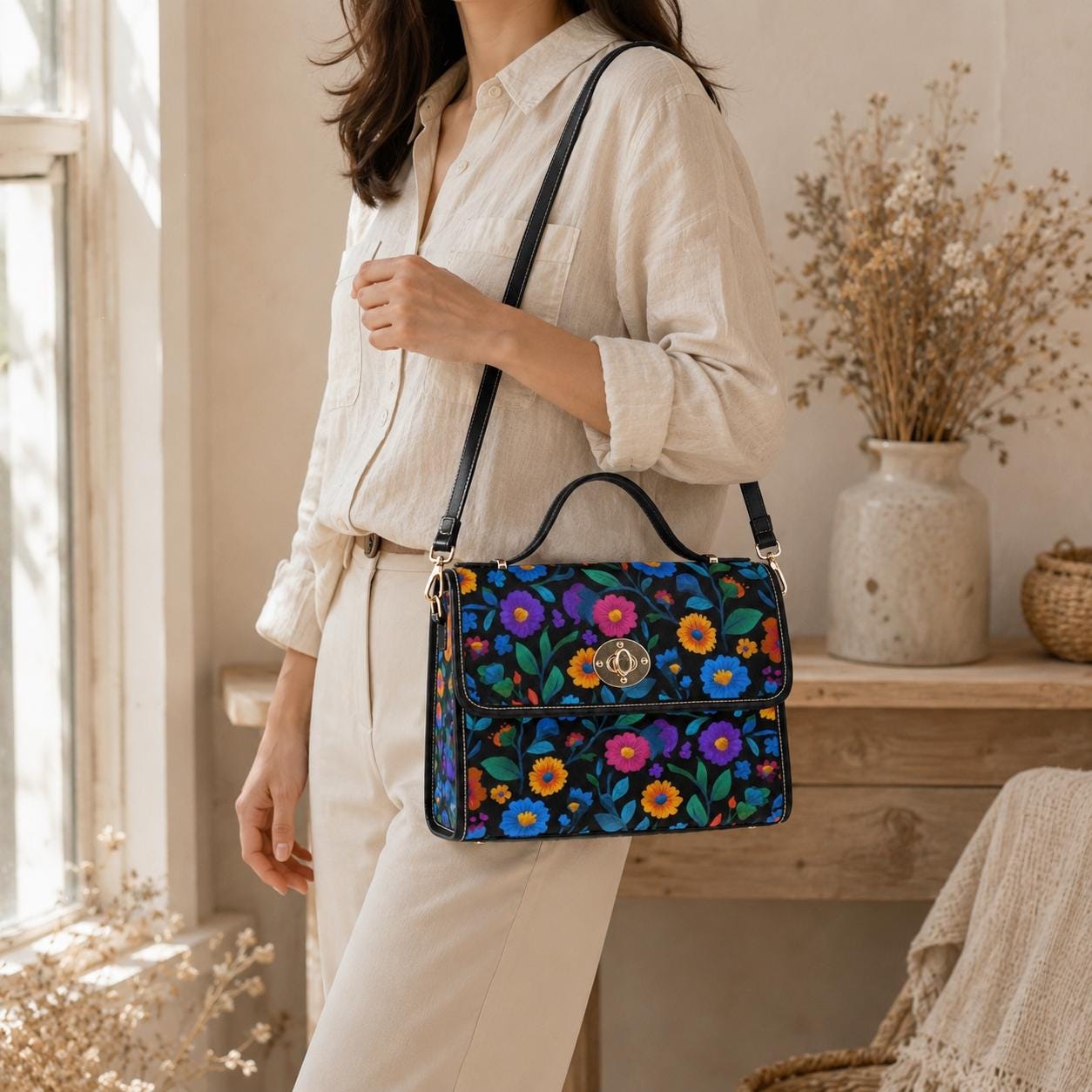 Colorful floral crossbody bag, boho garden canvas purse, vintage waterproof vegan leather strap