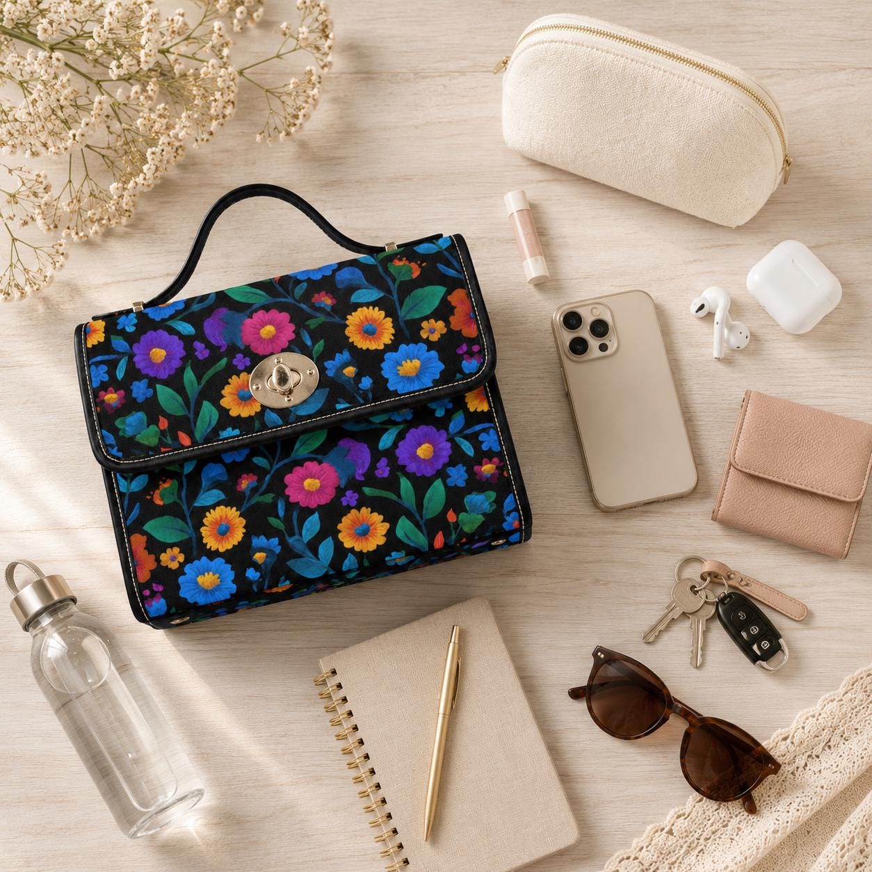 Colorful floral crossbody bag, boho garden canvas purse, vintage waterproof vegan leather strap