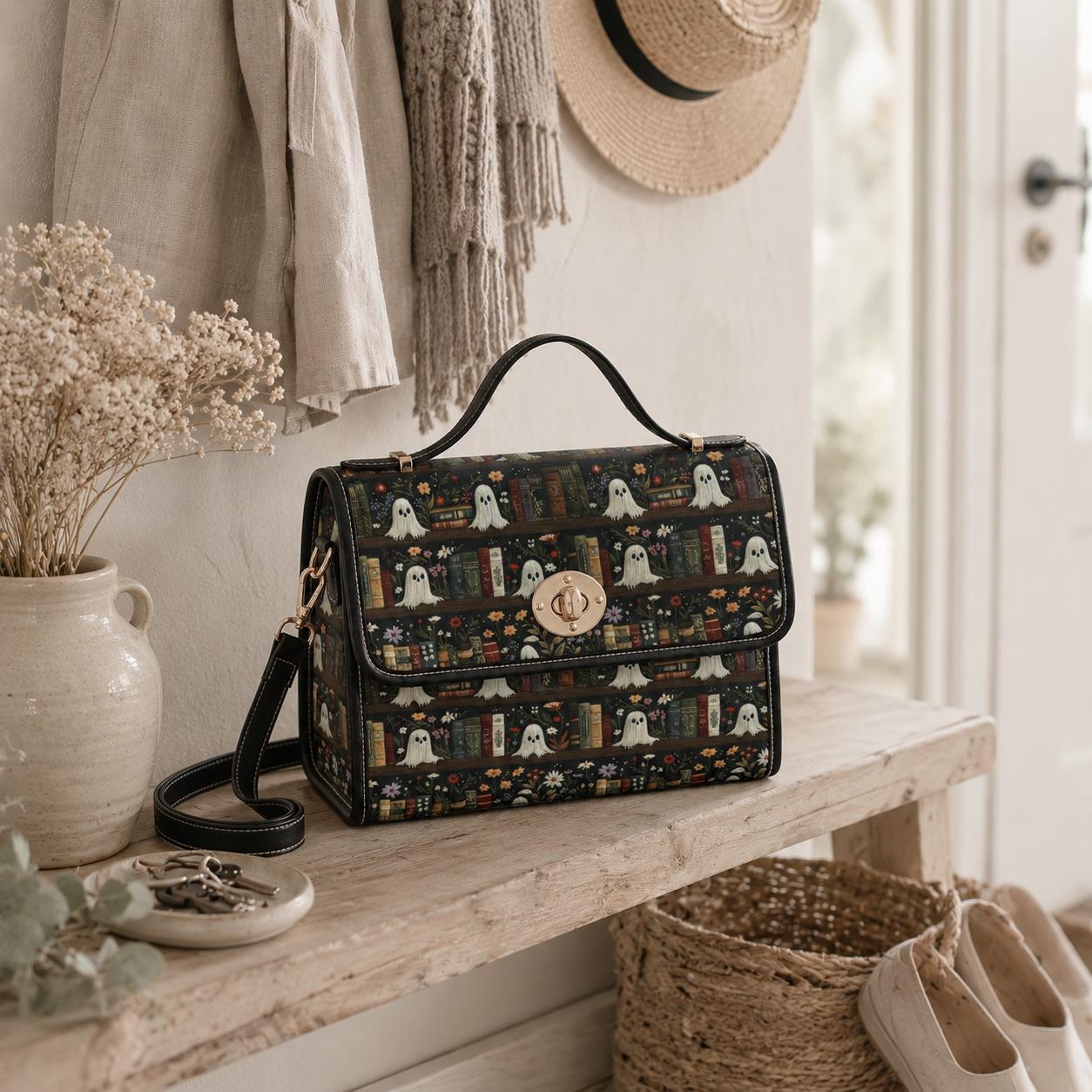 Ghost library satchel, spooky book print crossbody bag, witchy academia purse, haunted books tote