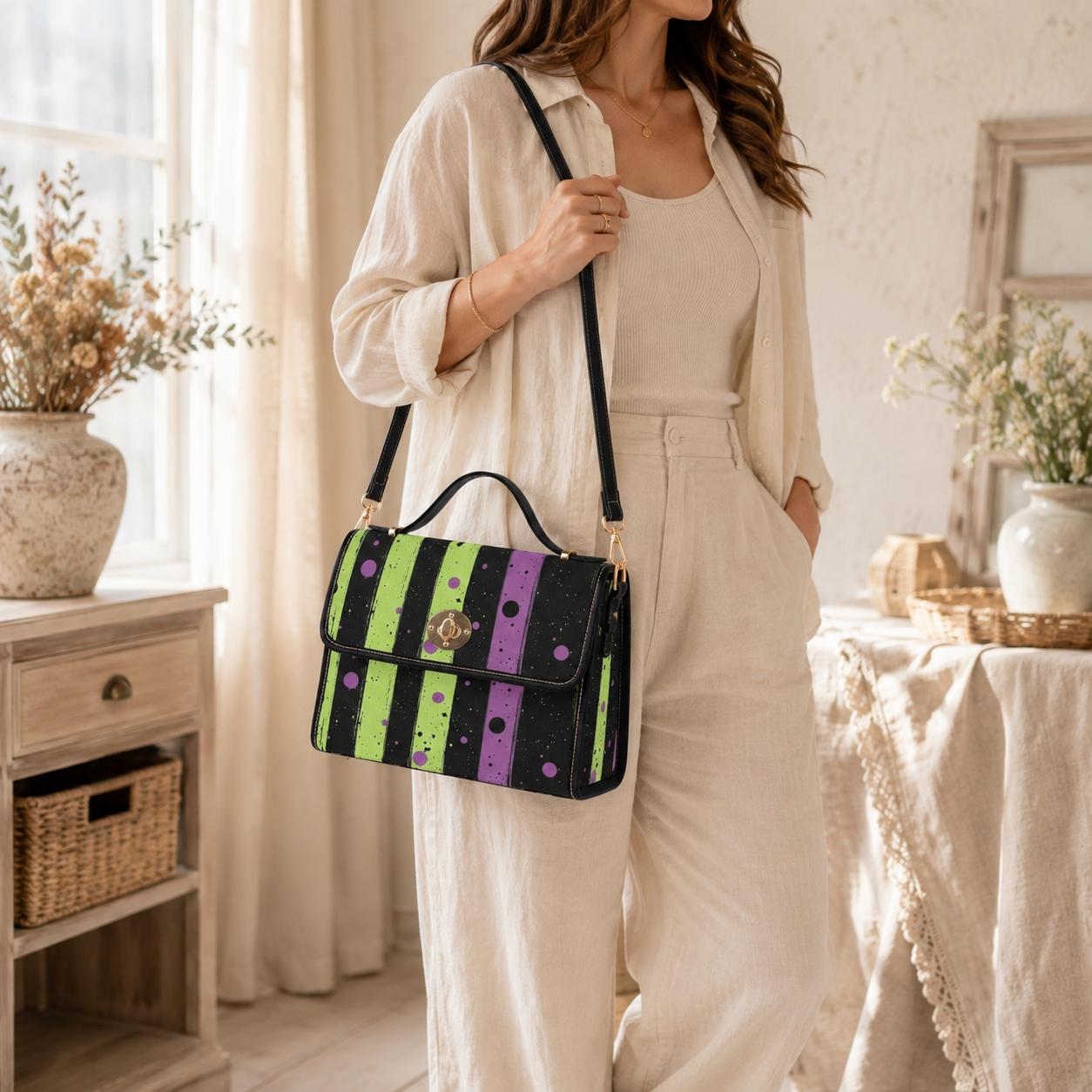 Spooky striped handbag, Lime green and purple purse, Halloween splatter print bag, Gothic party top handle bag, Witchcore statement satchel