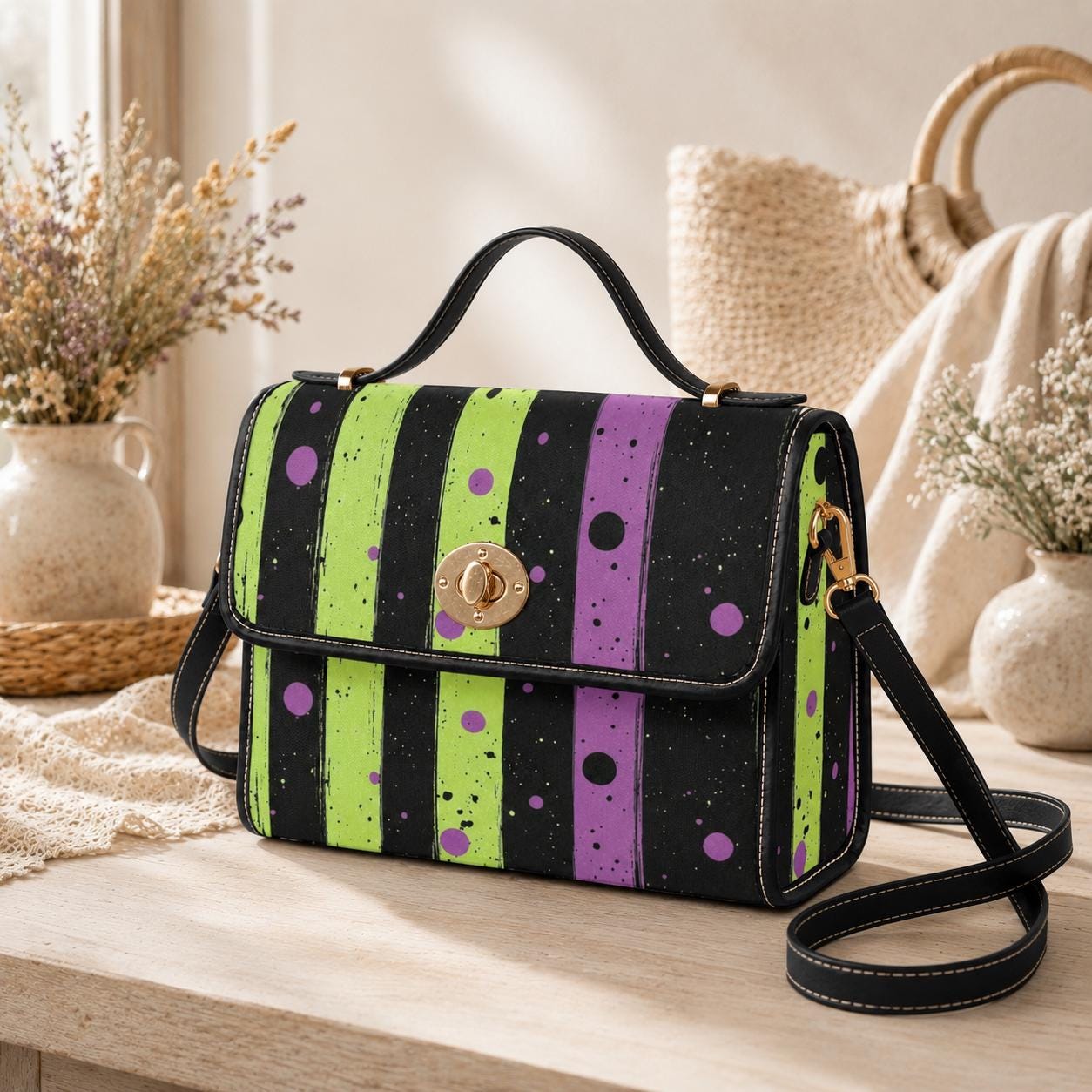 Spooky striped handbag, Lime green and purple purse, Halloween splatter print bag, Gothic party top handle bag, Witchcore statement satchel
