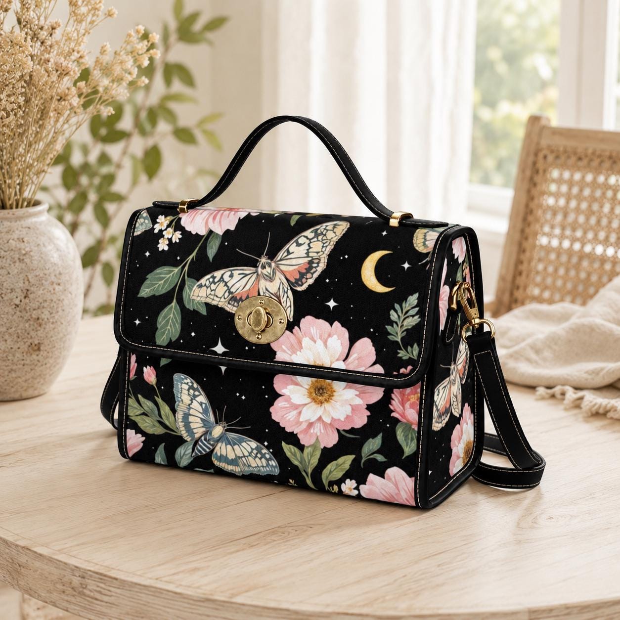 Moth Floral Satchel Bag, Celestial Crossbody Purse, Moonlit Butterfly Handbag for Her