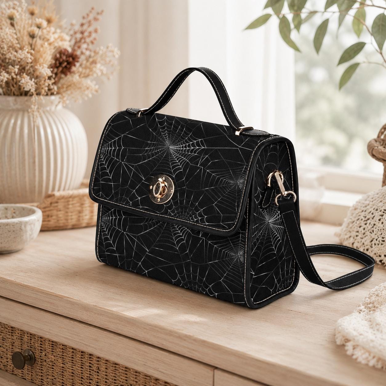 Spiderweb Handbag, Gothic Crossbody Purse with Web Pattern, Spooky Halloween Accessory
