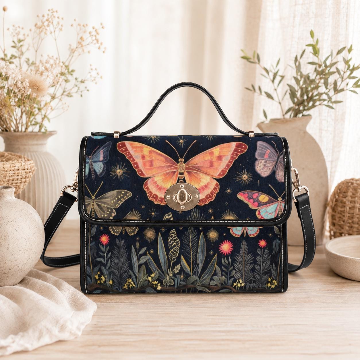 Butterfly Garden Handbag, Botanical Top Handle Purse, Cottagecore Statement Bag