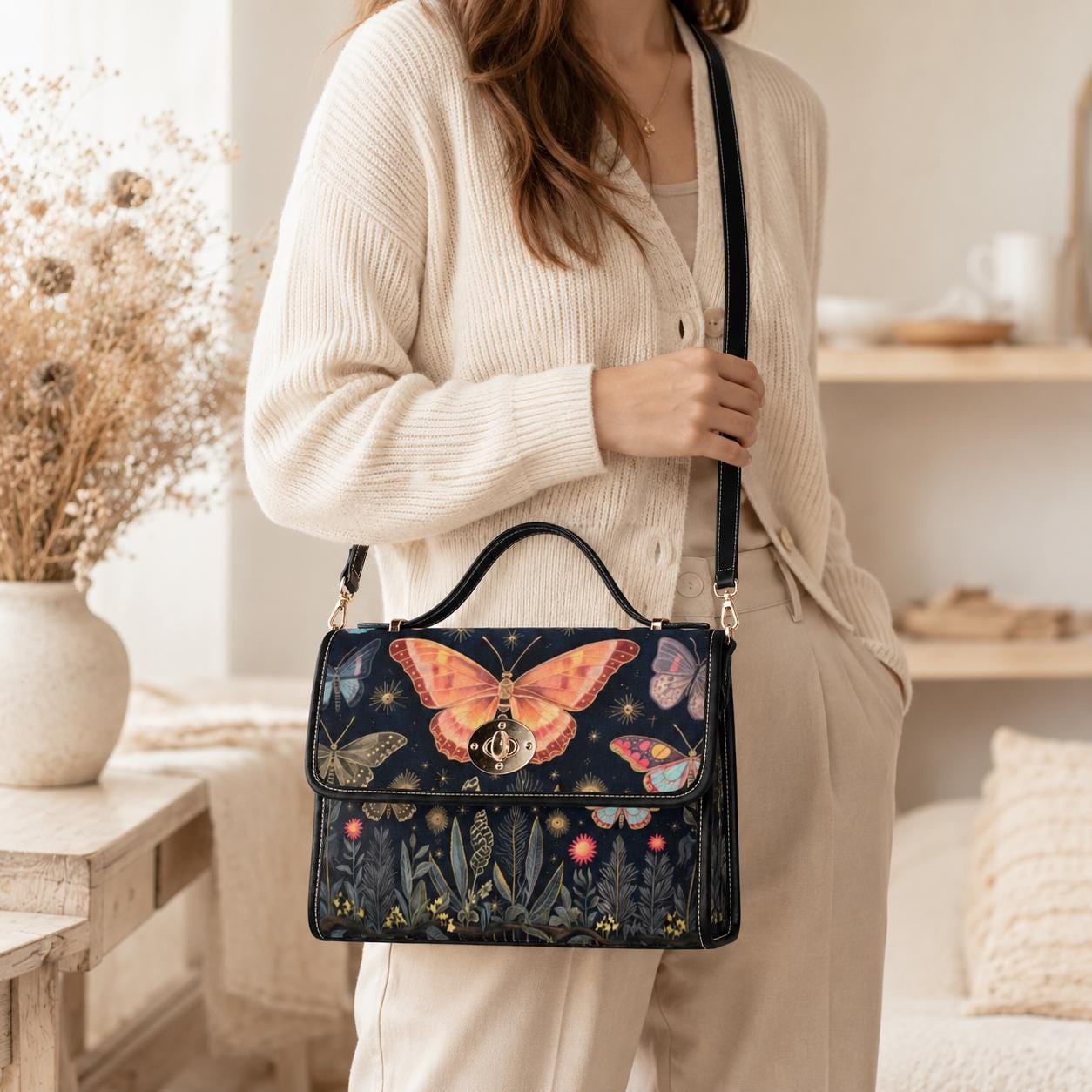 Butterfly Garden Handbag, Botanical Top Handle Purse, Cottagecore Statement Bag